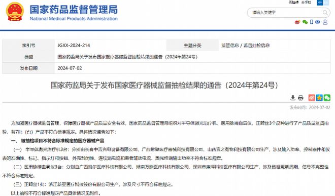 杏彩体育7批医疗器械被药监局通报不合格涉